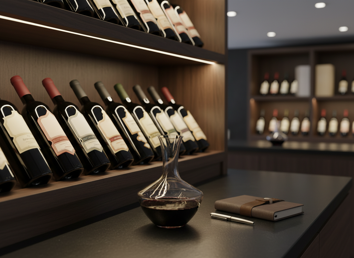 A meticulously arranged selection of premium wine bottles displayed on sleek, dark wood shelving, each bottle slightly angled to showcase elegant labels without revealing any specific brand text. In the center foreground, a crystal-clear decanter with softly swirling deep ruby wine rests on a matte black stone countertop, beside a minimalist tasting notebook closed with a leather strap. Soft, diffused warm lighting from recessed ceiling fixtures creates subtle reflections on the glass and gentle shadows along the shelves. Shot at eye level with a shallow depth of field, the background recedes into a tasteful blur of more bottles and muted tones. The atmosphere is sophisticated, calm, and professional, embodying high-end photographic realism suited for a luxury wine consulting brand.