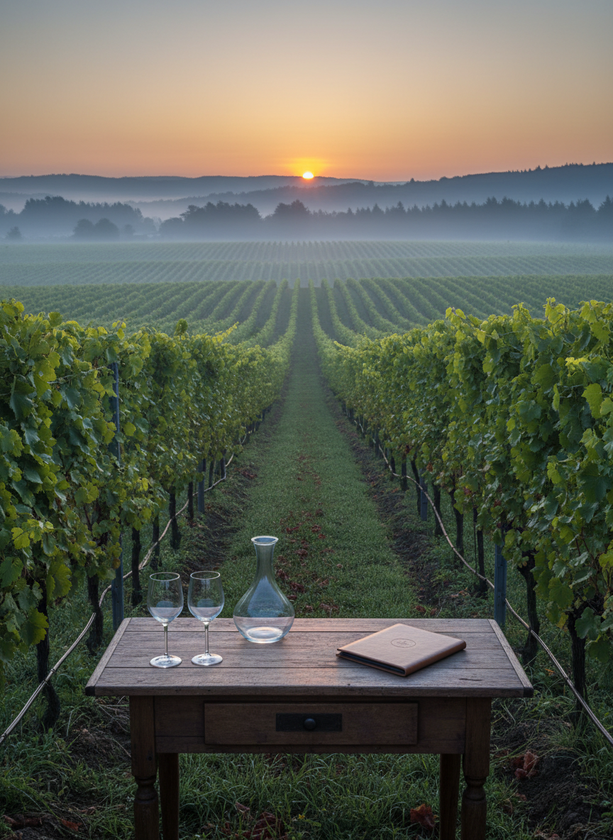 A serene vineyard landscape at dawn, captured in rich photographic realism, with orderly rows of lush green vines receding toward gently rolling hills. In the immediate foreground, a rustic but well-maintained wooden tasting table stands between two vine rows, holding a single, elegant empty decanter, two upside-down crystal glasses, and a slim leather-bound folder closed on the table. Soft, cool morning light with a hint of mist lingers over the vines, while the horizon glows with the first warm tones of sunrise, creating layered, atmospheric depth. Shot from a slightly elevated angle with a wide lens, the composition leads the eye along the rows toward the distant hills. The mood is calm, aspirational, and refined, suggesting bespoke vineyard visits and high-touch wine consulting experiences without showing any people.