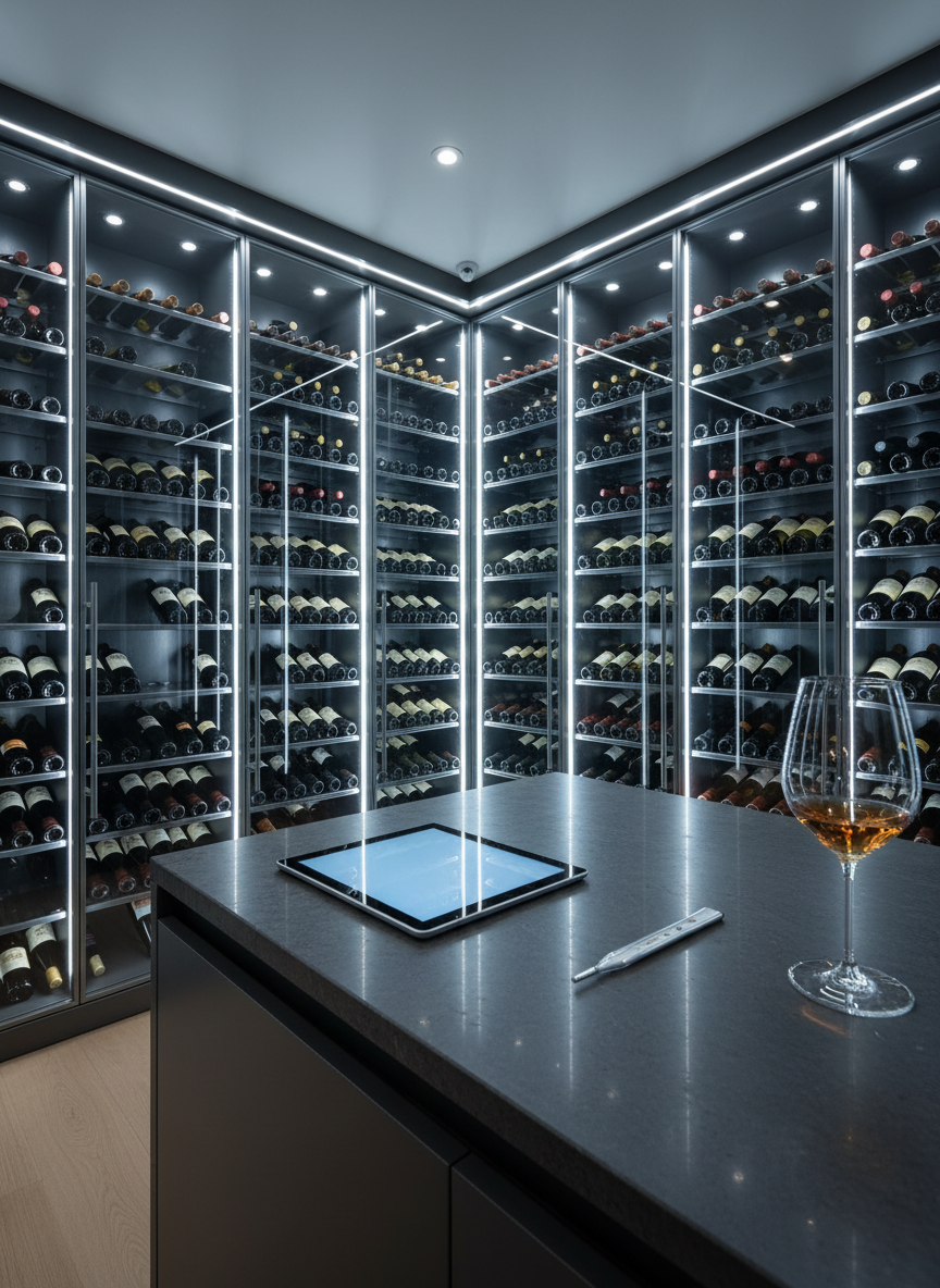 A sophisticated cellar consultation scene inside a modern, climate-controlled wine room. Floor-to-ceiling glass-fronted cabinets display meticulously organized bottles lying horizontally, labels turned inward for a subtle, non-branded look. In the foreground, a sleek, built-in tasting counter of honed dark stone holds a digital tablet with a blank, softly glowing screen, a stainless-steel wine thermometer, and a single, half-filled crystal glass catching the light. Recessed LED strip lighting runs along the shelving, casting even, cool-toned illumination on the bottles and creating clean reflections on the glass doors. Captured at a slightly low angle to emphasize the verticality of the collection, the composition uses leading lines to draw the eye deeper into the cellar. The mood is precise, luxurious, and technologically savvy, highlighting modern, expert wine cellar consulting.