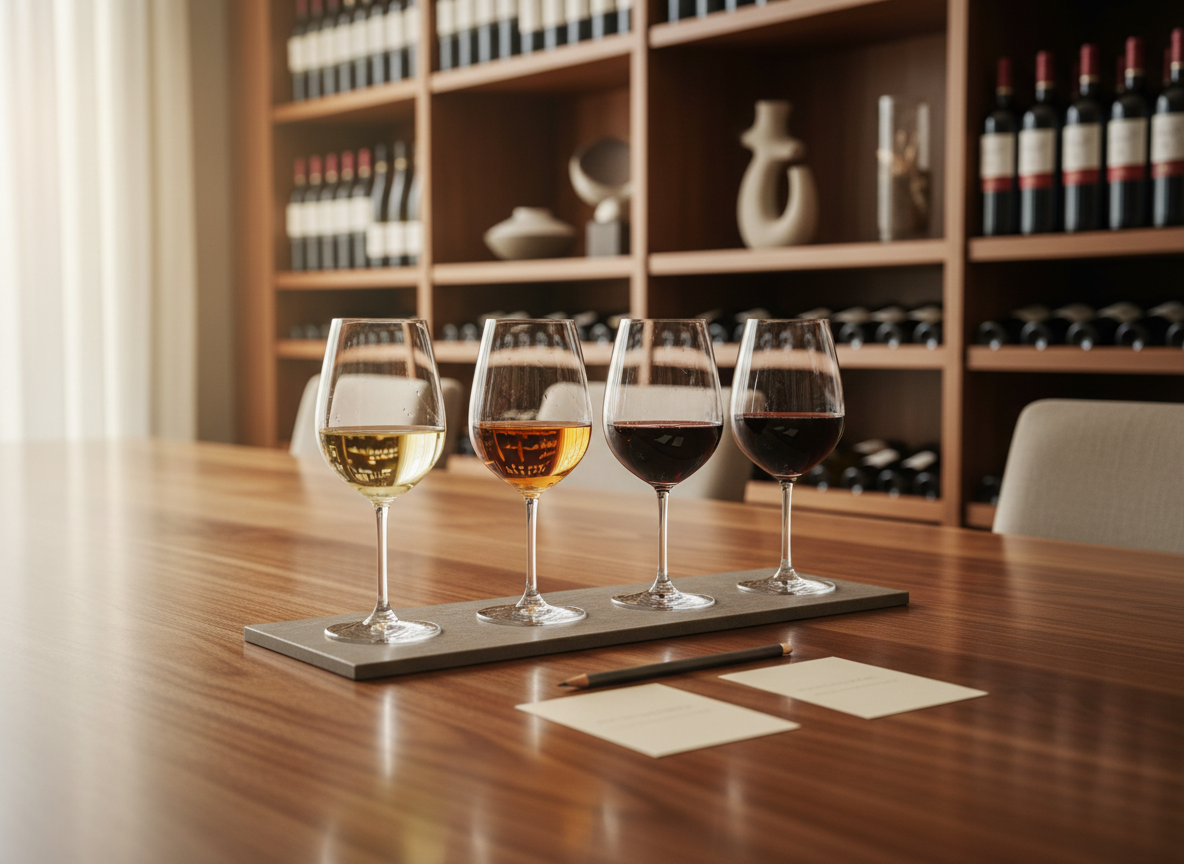 A refined wine consultation setting featuring a polished walnut table laid out with an elegant, neutral-toned wine flight board holding four identical crystal tasting glasses, each filled to a modest level with wines of varying hues from pale straw to deep garnet. Beside the flight, a neatly organized set of blank, cream-colored tasting cards without visible text and a sleek graphite pencil rest parallel to the board. In the background, built-in shelves hold neatly arranged, label-turned wine bottles and a few tasteful, abstract sculptures. Soft natural afternoon light filters through an unseen window, creating a warm, inviting glow and subtle highlights on the glassware. Captured from a slightly elevated angle with balanced composition and moderate depth of field, the mood is composed, analytical, and luxurious, emphasizing photographic realism and consulting expertise.