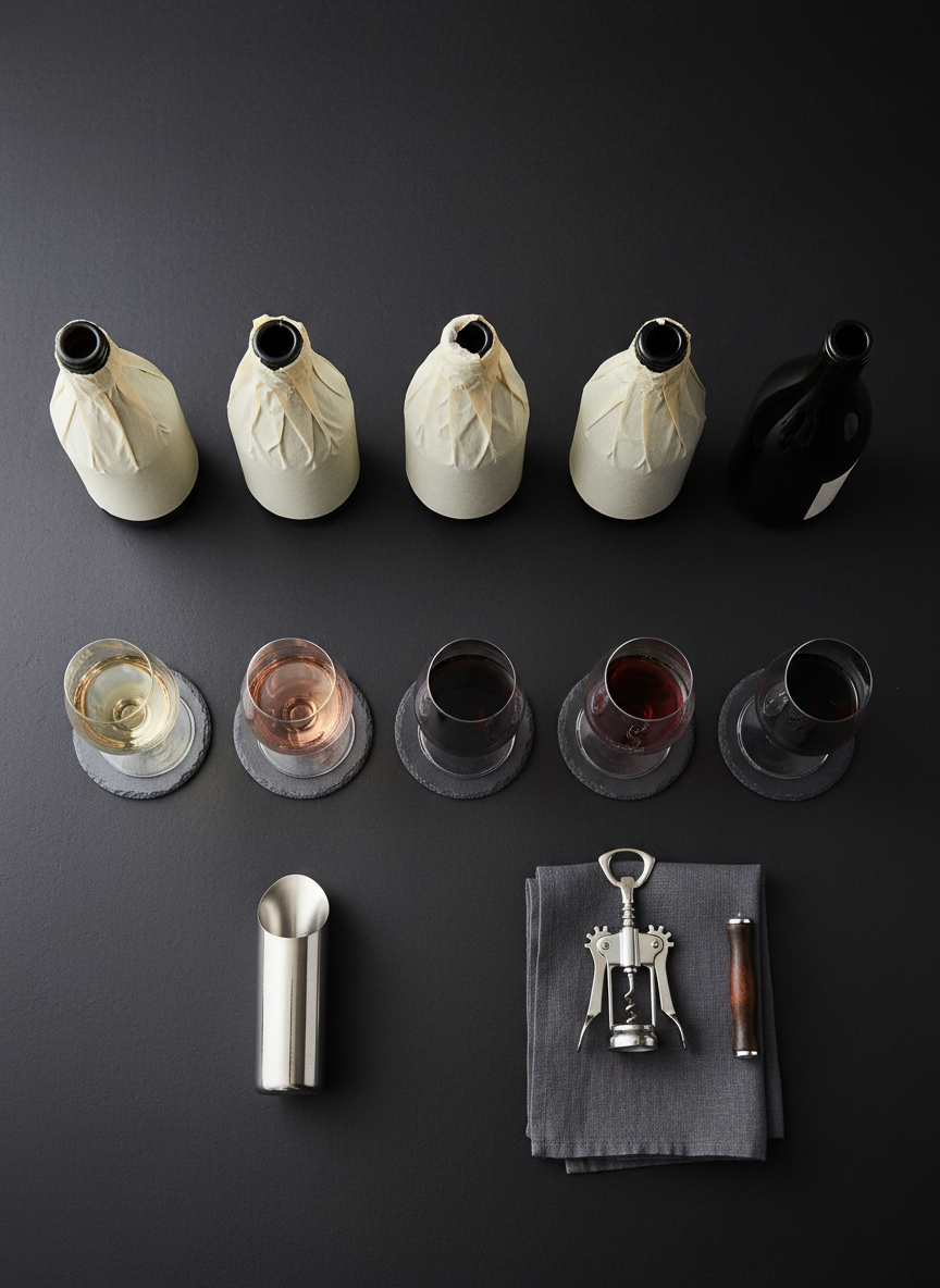 A cinematic overhead view of a curated blind-tasting session laid out on a matte charcoal tabletop. Five identical dark glass bottles are lined in a precise row, each wrapped in smooth, numberless cream paper, emphasizing objectivity and consulting expertise. Below them, five crystal tasting glasses show a gradation of wine colors from pale gold to inky purple, each aligned on individual, unmarked circular coasters. A slim stainless-steel spittoon, a polished corkscrew, and a folded grey linen napkin complete the arrangement. Soft, diffused studio lighting from above creates gentle, even illumination with minimal harsh reflections, highlighting the colors and glass shapes. The composition is clean, geometric, and balanced, with sharp focus throughout. The mood is professional, analytical, and quietly luxurious, reinforcing the photographic, sophisticated character of expert wine consulting.