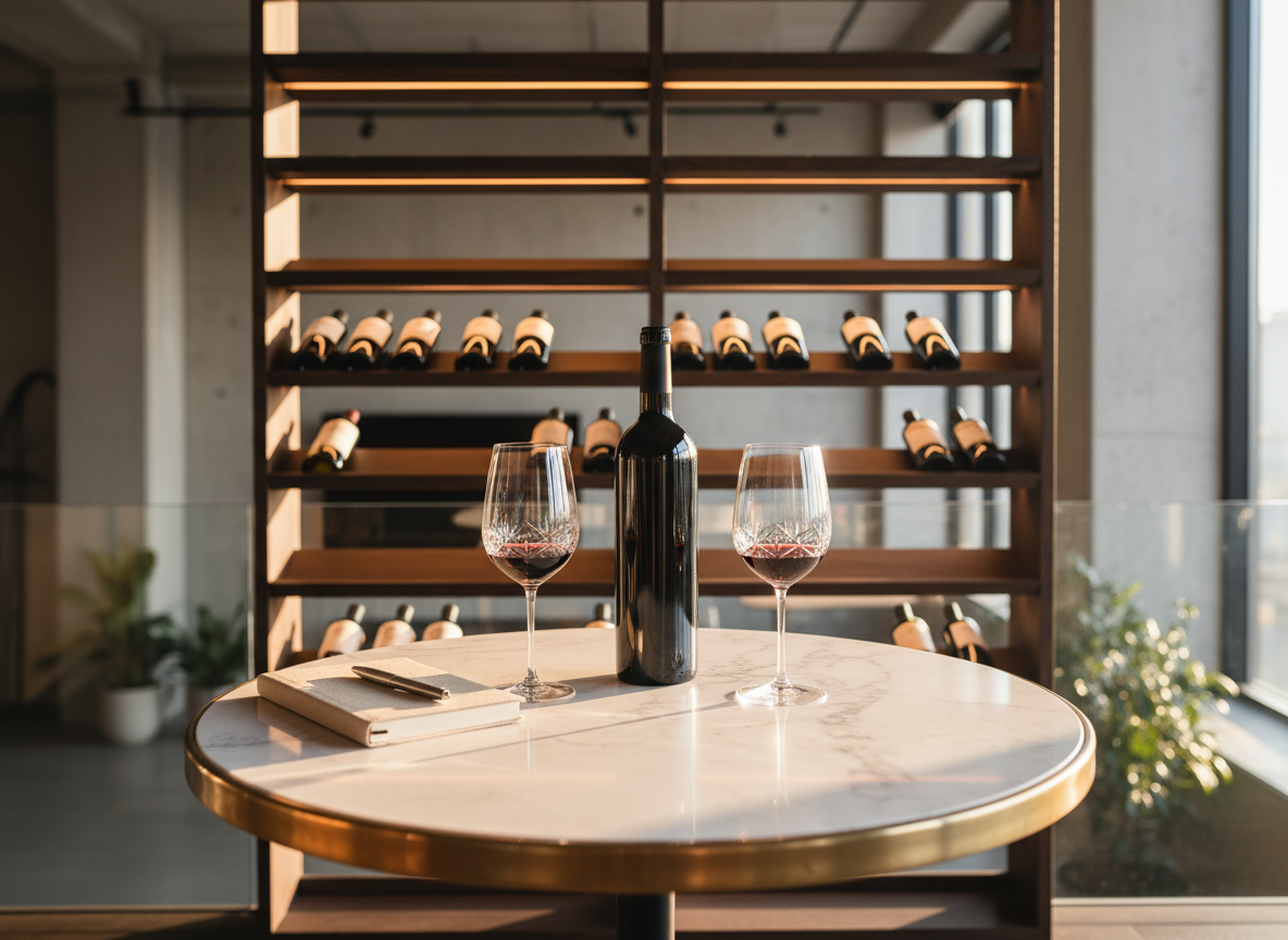 An intimate, high-end wine tasting corner in a modern loft, centered on a round, marble-topped bistro table with a single, slender-necked dark glass bottle and two half-filled crystal glasses, spaced with deliberate symmetry. A closed, linen-bound notebook and a minimalist metal pen lie neatly arranged beside the glasses. Behind the table, a tall, backlit wine rack with evenly spaced horizontal metal rails holds a curated selection of bottles turned so labels are subtly visible but not readable. Golden hour sunlight streams through tall windows just out of frame, casting elongated shadows and a gentle amber glow across the marble surface. Photographed at eye level using the rule of thirds and a shallow depth of field, the atmosphere is serene, contemplative, and sophisticated, perfectly suited to a premium wine consulting brand.